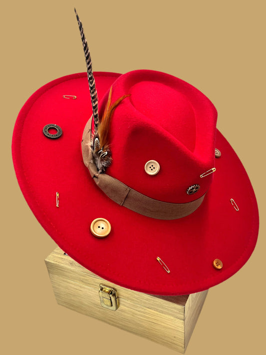Luxury Bow Tie Fedora Hat -Button-me-up- Red - Accessorizmee