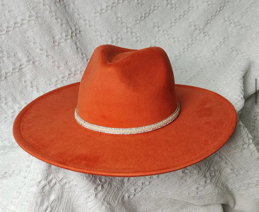Wide Brim Fedora Hat - Vegan Suede Material, With Dazzling Accessory, Adjustable Straps, 10cm Brim, 12cm Height, Unisex Fashion Accessory - Accessorizmee
