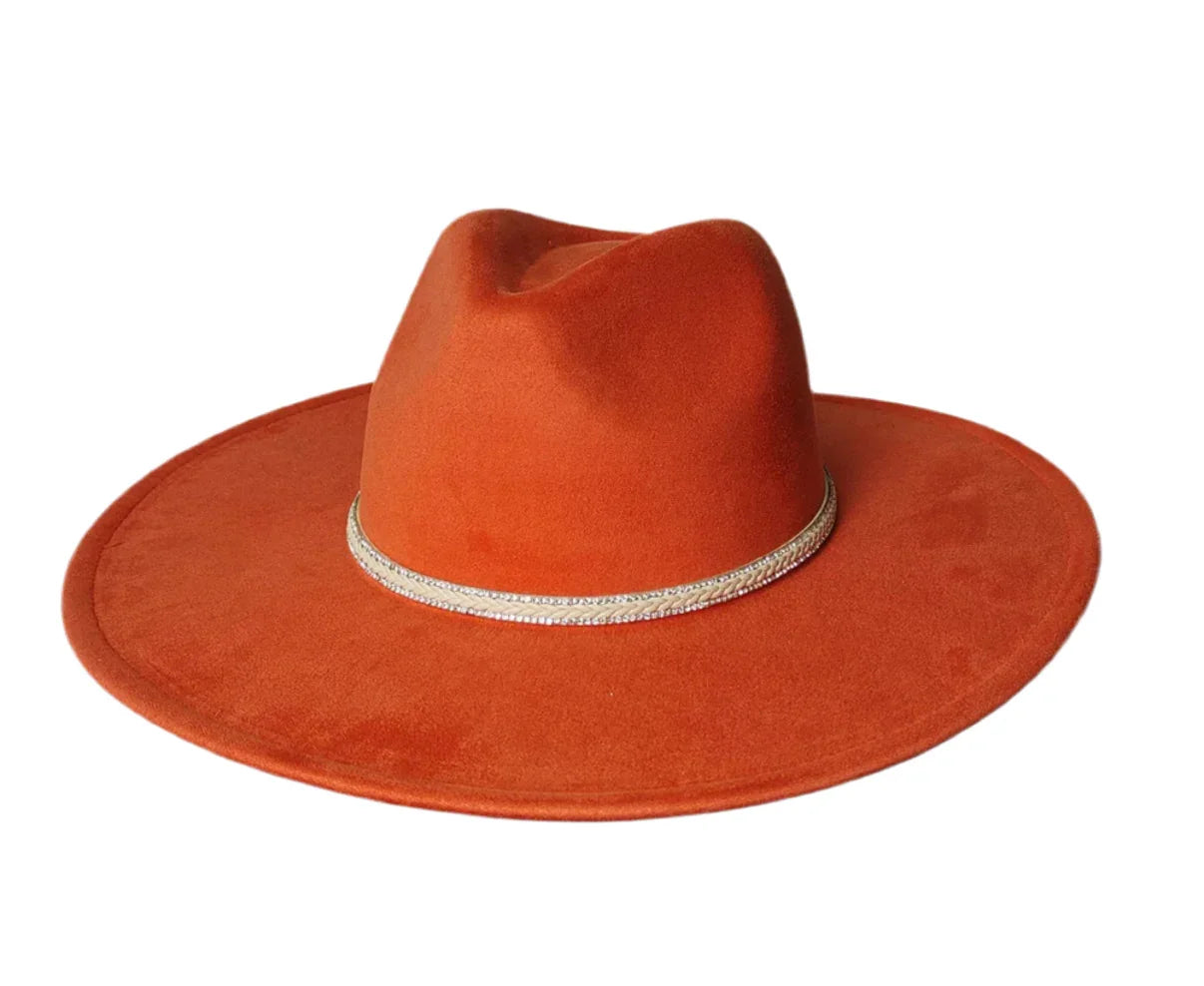 Wide Brim Fedora Hat - Vegan Suede Material, With Dazzling Accessory, Adjustable Straps, 10cm Brim, 12cm Height, Unisex Fashion Accessory - Accessorizmee