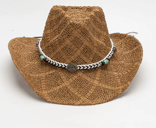 Beached Straw Cowboy Hat - HandWoven ,Natural Grass Adjustable, Unisex ,Sun Protection, 56-58cm Breathable Design with Beaded Band - Accessorizmee