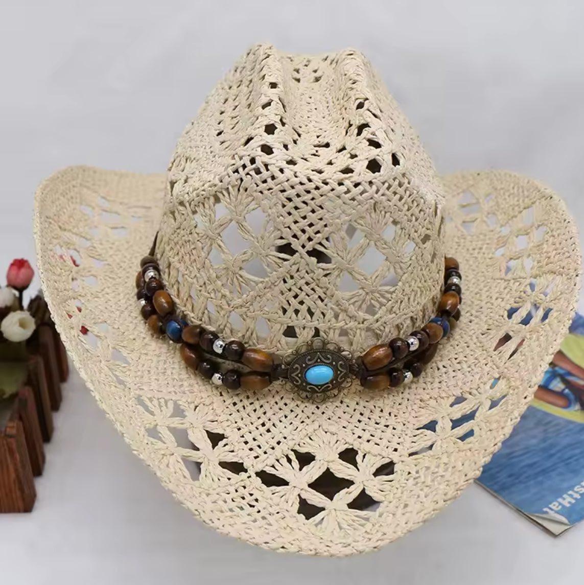Spring Hand Woven Straw Cowboy Hat-Rowing