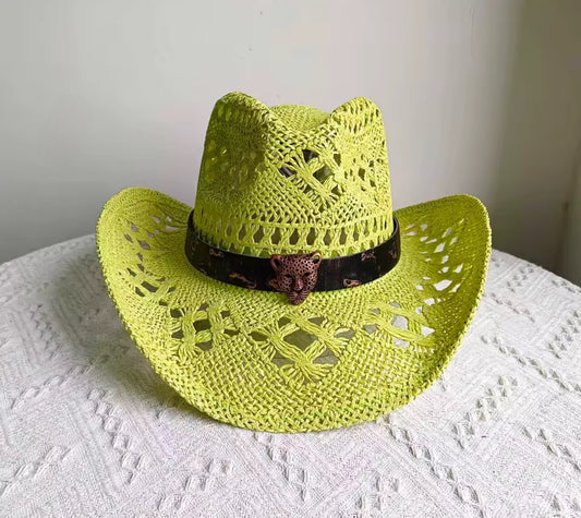Hand Woven , Straw Cowboy Hat - Unisex,Adjustable Straps & Natural Grass Design - 56-58cm Size - Sun Protection for Western Wear - Accessorizmee