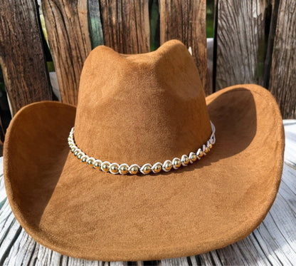 Farmhouse Suede Cowboy Hat - Brown, Classic Design, Round Shape, Adjustable Fit, Featuring Silver Chain Detail - Accessorizmee