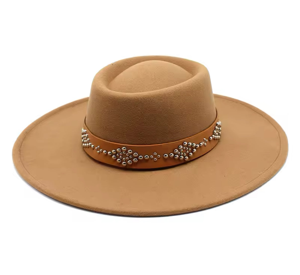 Round Widebrim Nailhead Fedora Hat - Brown with Decorative Beads and Buckle Closure