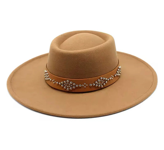Round Widebrim Nailhead Fedora Hat - Brown with Decorative Beads and Buckle Closure - Accessorizmee