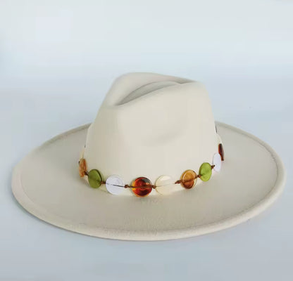Wide Stiff Brim Fedora -With Button Accessory