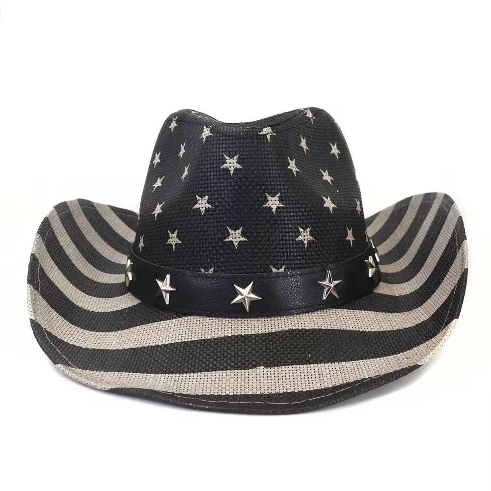 USA Flag Theme Sun Hat,Western Cowboy Hat, Durable Straw Material