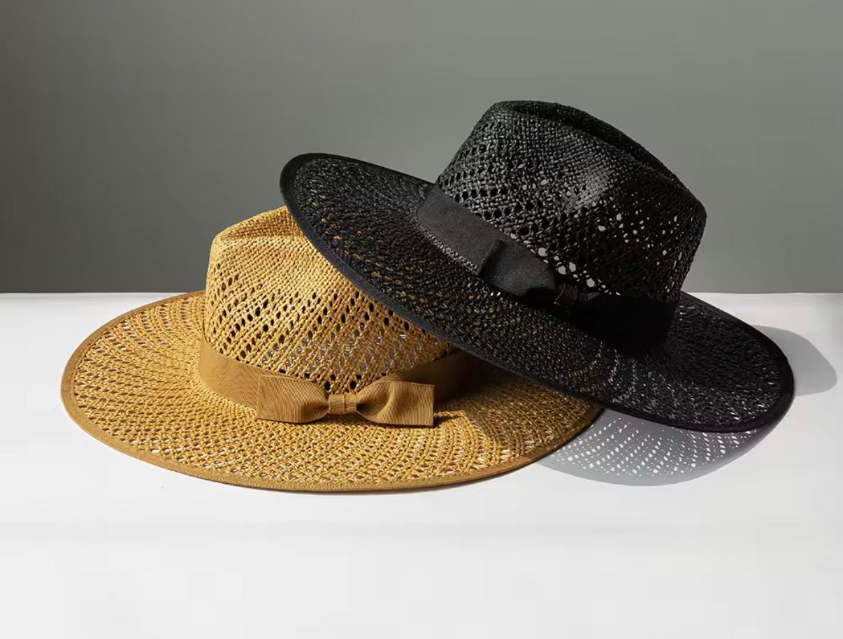 Wide Stiff Brim Straw Hat - Adjustable Straps, Sun Protection, Breathable Natural Grass, Unisex, 56-58cm Size