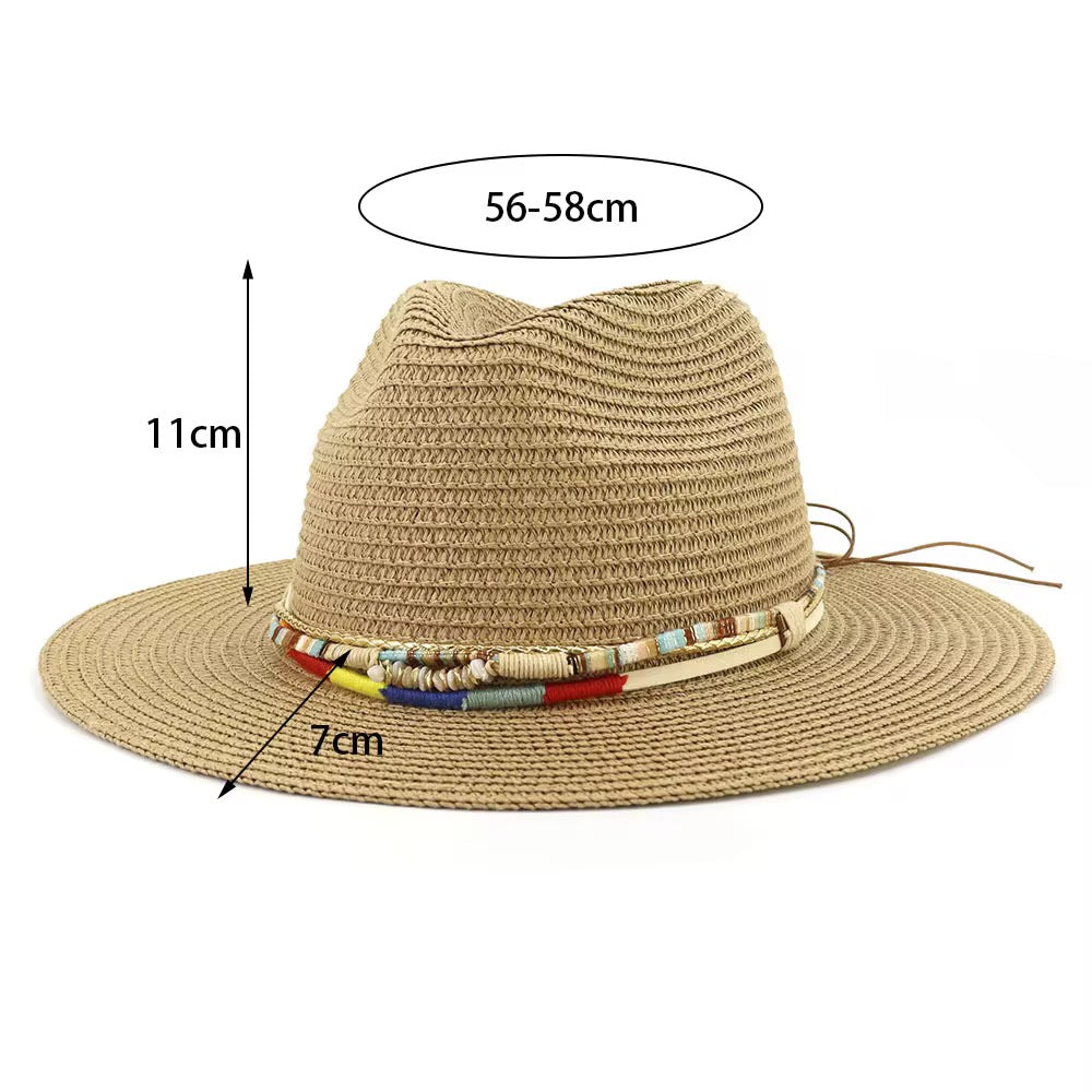 Yours Straw Fedora Hat - Adjustable with Beaded Band - Unisex Natural Grass Hat - Hand Wash Only - 56-58 Size
