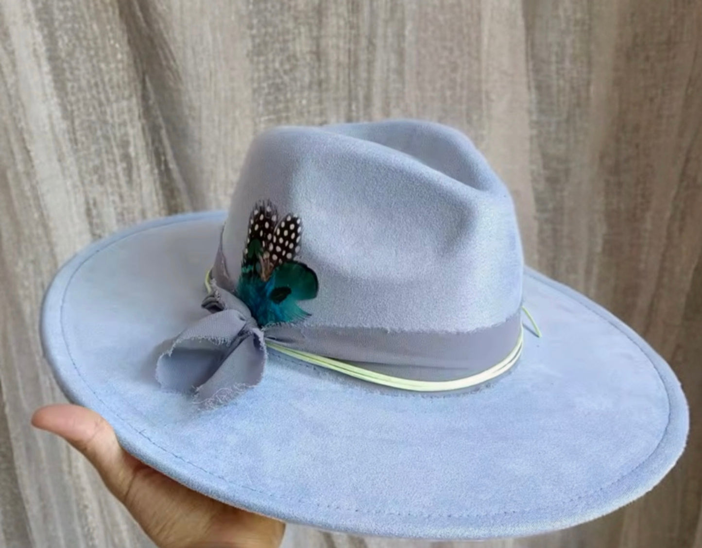 Luxury Fedora Hat - Blue Ice with Decorative Flower and Bow, Lightweight Design