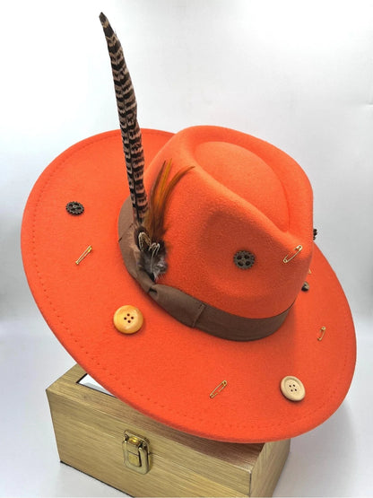 Luxury Bow Tie Fedora Hat -Button-me-up- Orange - Accessorizmee