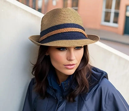Straw Jazz Fedora-navy - Accessorizmee