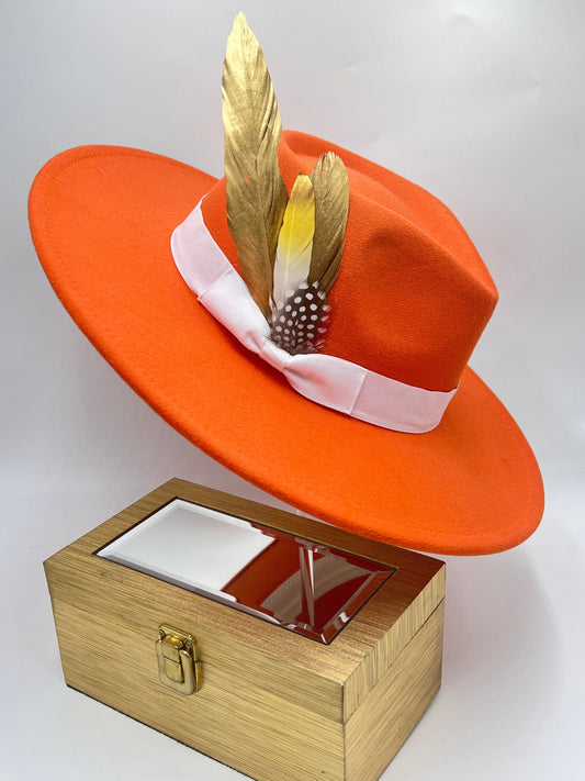 Luxury Fedora Hat Orange Gold - Classic Design with Adjustable Straps & Feather Accent - Unisex Fashion Accessory - Accessorizmee